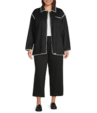 Intro Plus Size Point Collar Long Sleeve Embroidered Whipstitch Button Front Shirt Jacket