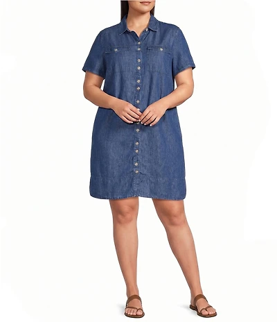 Intro Plus Size Point Collar Short Sleeve Button-Front Denim Shirtdress