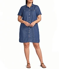 Intro Plus Size Point Collar Short Sleeve Button-Front Denim Shirtdress