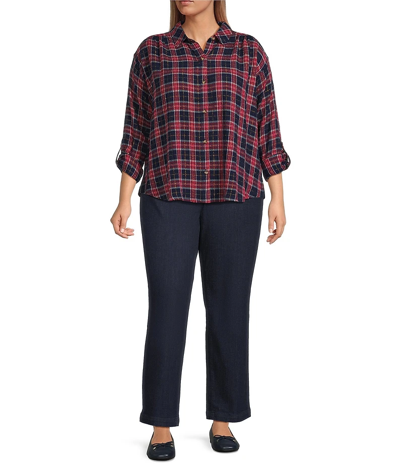 Intro Plus Size Pucker Plaid Ink Point Collar Long Sleeve Button Front Swing Shirt