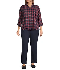 Intro Plus Size Pucker Plaid Ink Point Collar Long Sleeve Button Front Swing Shirt