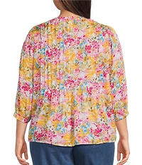 Intro Plus Size Rapture Rose Pleated Button Front Blouse