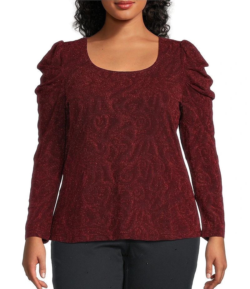 Intro Plus Size Red Lurex Scoop Neck Long Sleeve Knit Top