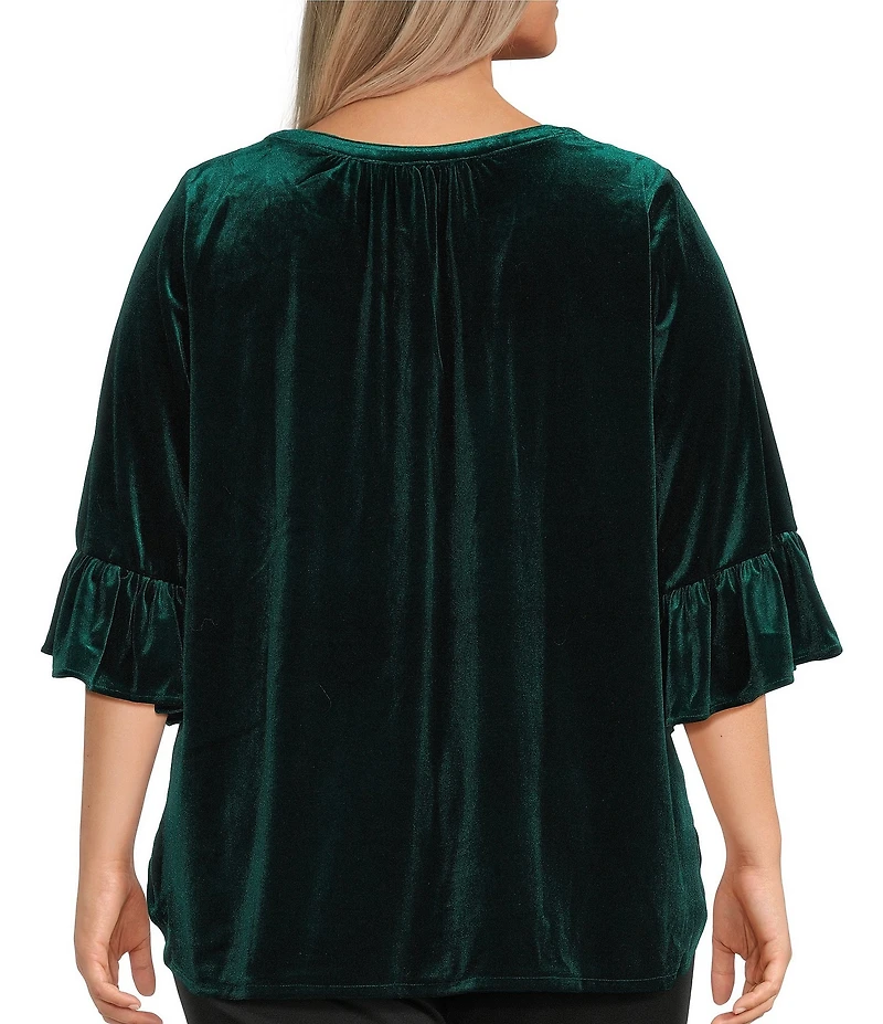 Intro Plus Size Silky Velvet Split V-Neck 3/4 Flounce Ruffle Sleeve Blouse