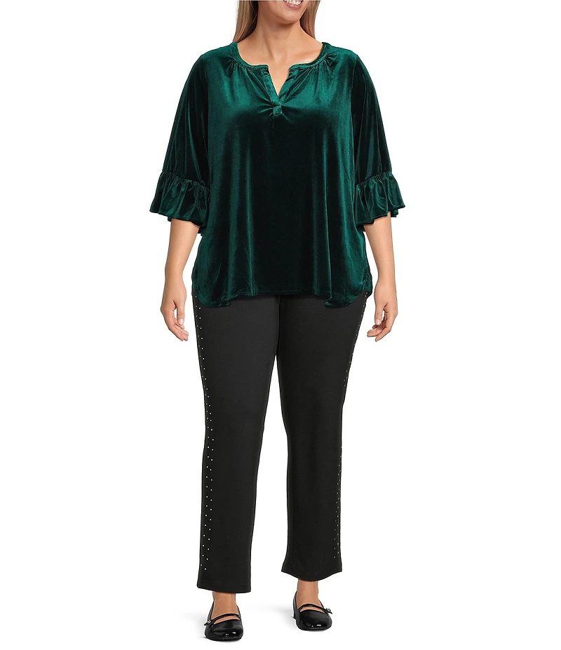 Intro Plus Size Silky Velvet Split V-Neck 3/4 Flounce Ruffle Sleeve Blouse