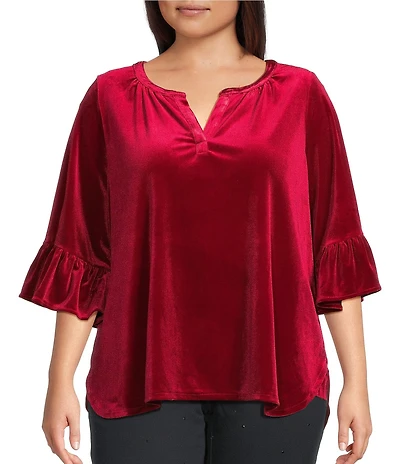 Intro Plus Size Silky Velvet Split V-Neck 3/4 Flounce Ruffle Sleeve Blouse