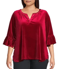 Intro Plus Size Silky Velvet Split V-Neck 3/4 Flounce Ruffle Sleeve Blouse