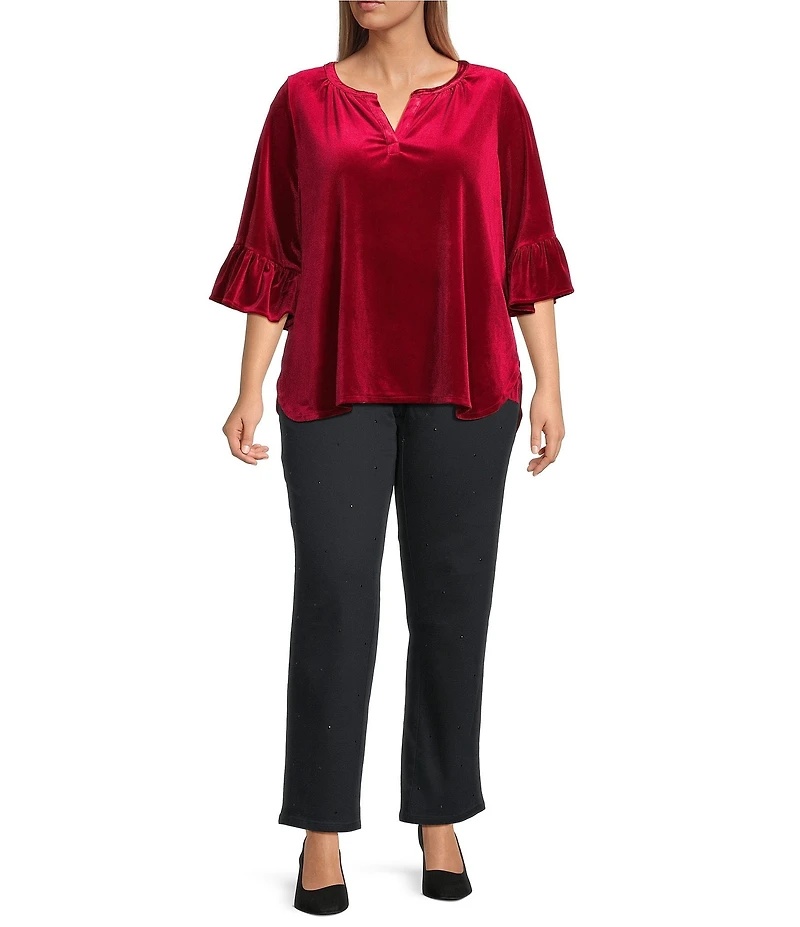 Intro Plus Size Silky Velvet Split V-Neck 3/4 Flounce Ruffle Sleeve Blouse