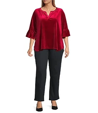 Intro Plus Size Silky Velvet Split V-Neck 3/4 Flounce Ruffle Sleeve Blouse