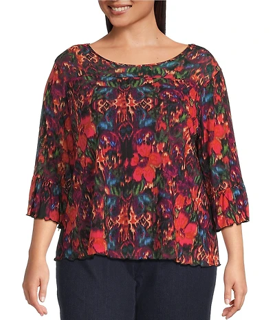 Intro Plus Size Soft Mesh Floral Print 3/4 Romantic Sleeve Top
