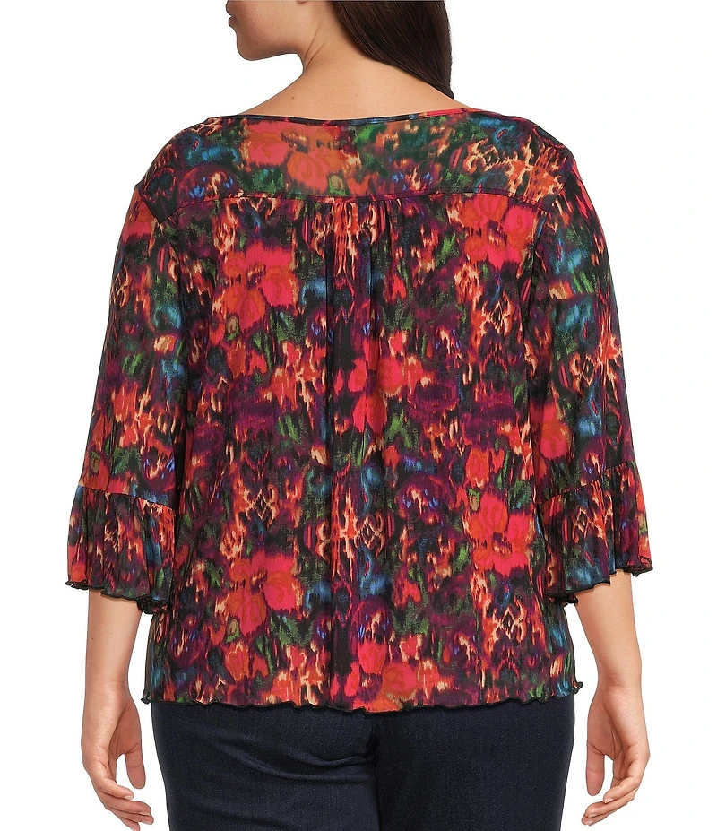 Intro Plus Size Soft Mesh Floral Print 3/4 Romantic Sleeve Top