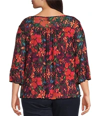 Intro Plus Size Soft Mesh Floral Print 3/4 Romantic Sleeve Top
