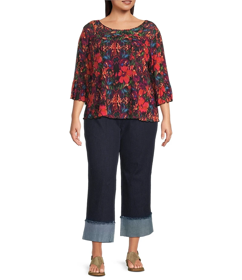 Intro Plus Size Soft Mesh Floral Print 3/4 Romantic Sleeve Top