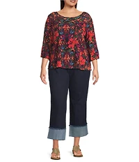 Intro Plus Size Soft Mesh Floral Print 3/4 Romantic Sleeve Top