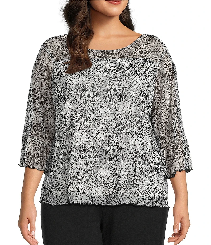 Intro Plus Size Soft Mesh Mini Animal Print 3/4 Romantic Sleeve Top