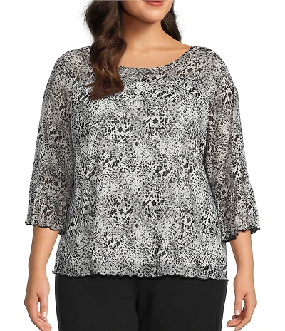 Intro Plus Size Soft Mesh Mini Animal Print 3/4 Romantic Sleeve Top