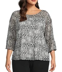Intro Plus Size Soft Mesh Mini Animal Print 3/4 Romantic Sleeve Top