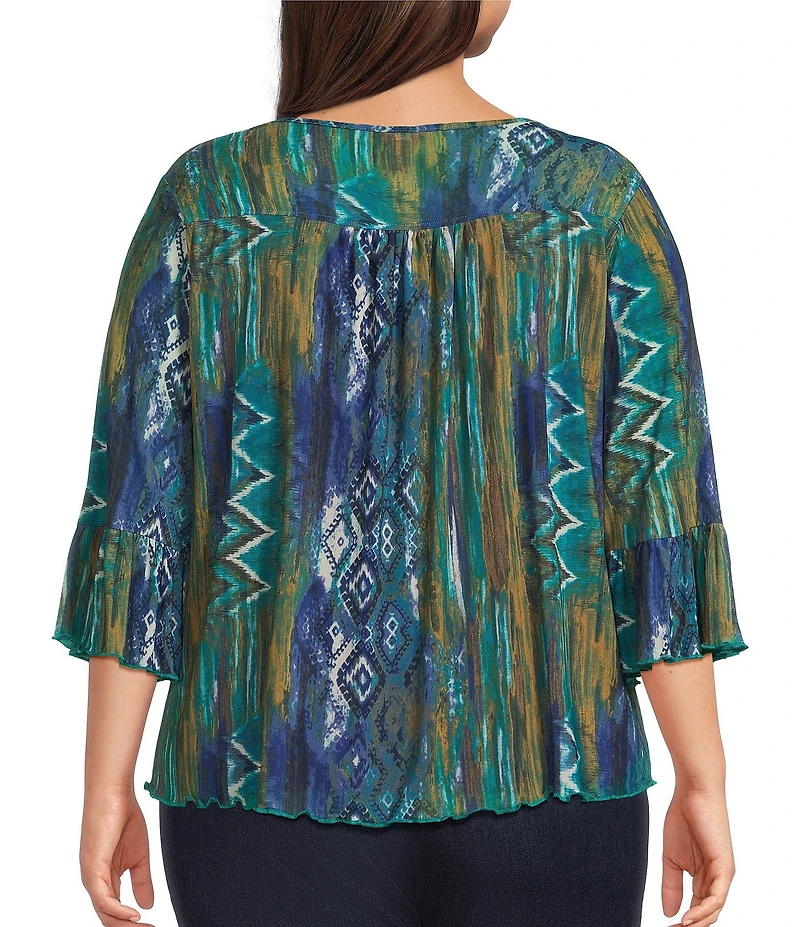 Intro Plus Size Soft Painted Ikat Print 3/4 Romantic Sleeve Top