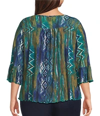 Intro Plus Size Soft Painted Ikat Print 3/4 Romantic Sleeve Top