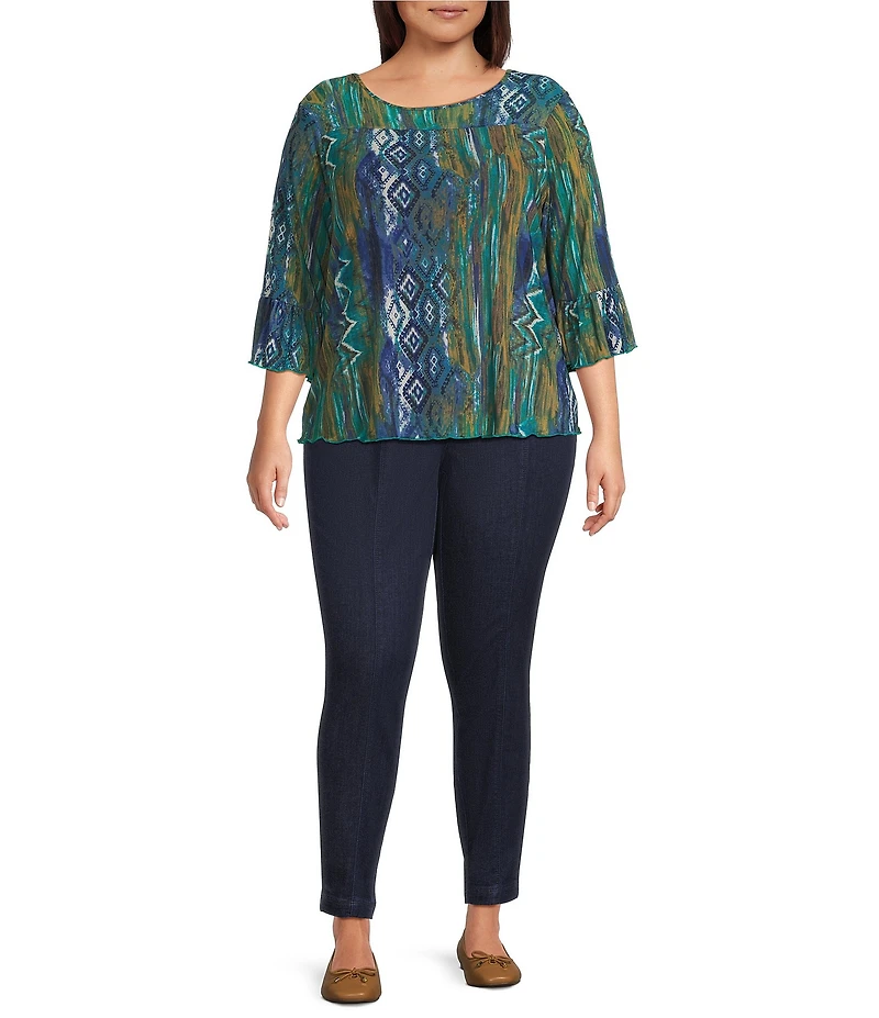 Intro Plus Size Soft Painted Ikat Print 3/4 Romantic Sleeve Top