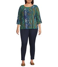 Intro Plus Size Soft Painted Ikat Print 3/4 Romantic Sleeve Top
