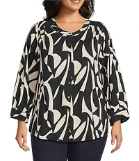 Intro Plus Size Soft Puckered Large Geo Print Split Round V-Neck 3/4 Sleeve Button Front Shirt