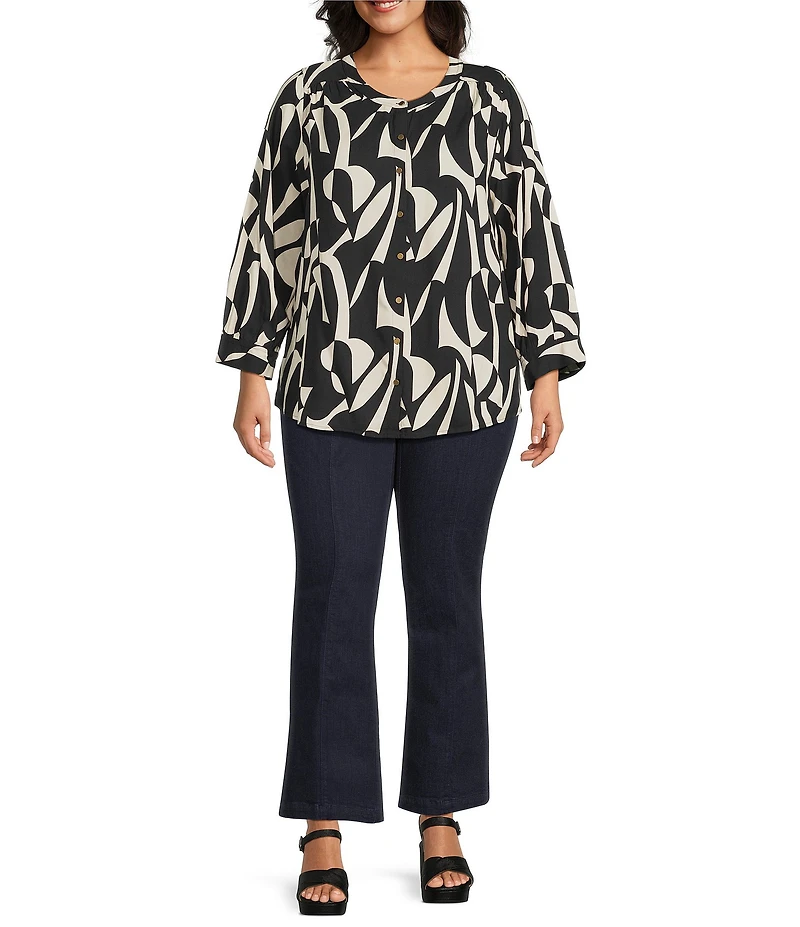 Intro Plus Size Soft Puckered Large Geo Print Split Round V-Neck 3/4 Sleeve Button Front Shirt