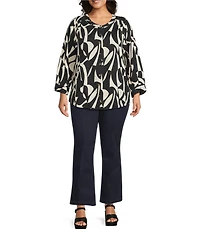 Intro Plus Size Soft Puckered Large Geo Print Split Round V-Neck 3/4 Sleeve Button Front Shirt