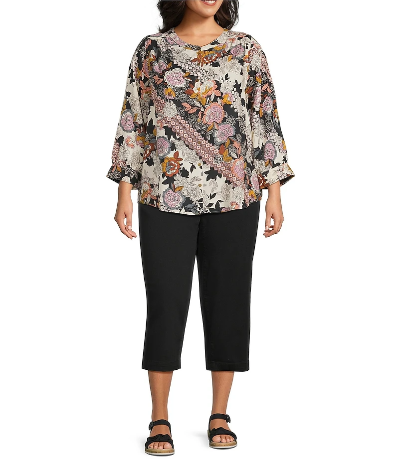 Intro Plus Size Soft Puckered Patch Floral Print Split Round V-Neck 3/4 Sleeve Button Front Shirt