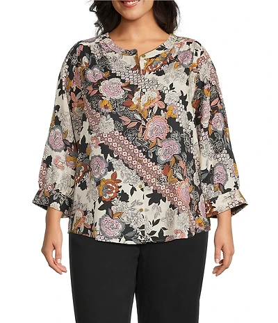 Intro Plus Size Soft Puckered Patch Floral Print Split Round V-Neck 3/4 Sleeve Button Front Shirt