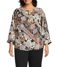 Intro Plus Size Soft Puckered Patch Floral Print Split Round V-Neck 3/4 Sleeve Button Front Shirt