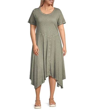 Intro Plus Size Solid Cotton Slub Jersey Knit Scoop Neck Short Sleeve Scarf Hem Dress
