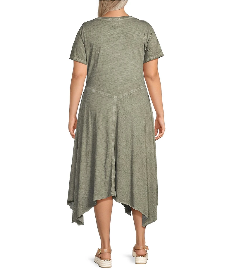 Intro Plus Size Solid Cotton Slub Jersey Knit Scoop Neck Short Sleeve Scarf Hem Dress