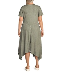 Intro Plus Size Solid Cotton Slub Jersey Knit Scoop Neck Short Sleeve Scarf Hem Dress