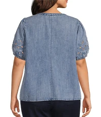 Intro Plus Size Split V-Neck Embroidered Elbow Puff Sleeve Denim Blouse