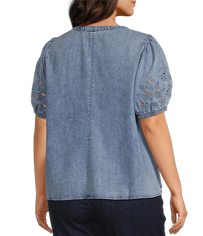Intro Plus Size Split V-Neck Embroidered Elbow Puff Sleeve Denim Blouse