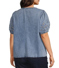 Intro Plus Size Split V-Neck Embroidered Elbow Puff Sleeve Denim Blouse