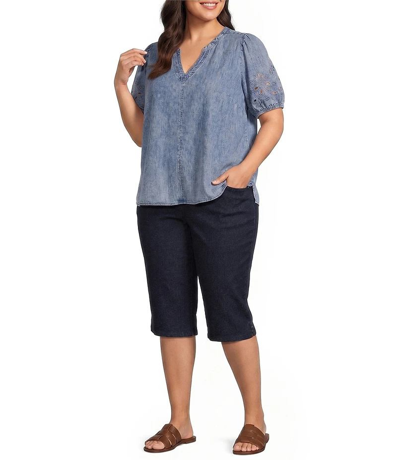 Intro Plus Size Split V-Neck Embroidered Elbow Puff Sleeve Denim Blouse