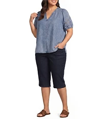 Intro Plus Size Split V-Neck Embroidered Elbow Puff Sleeve Denim Blouse