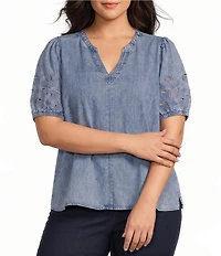Intro Plus Size Split V-Neck Embroidered Elbow Puff Sleeve Denim Blouse