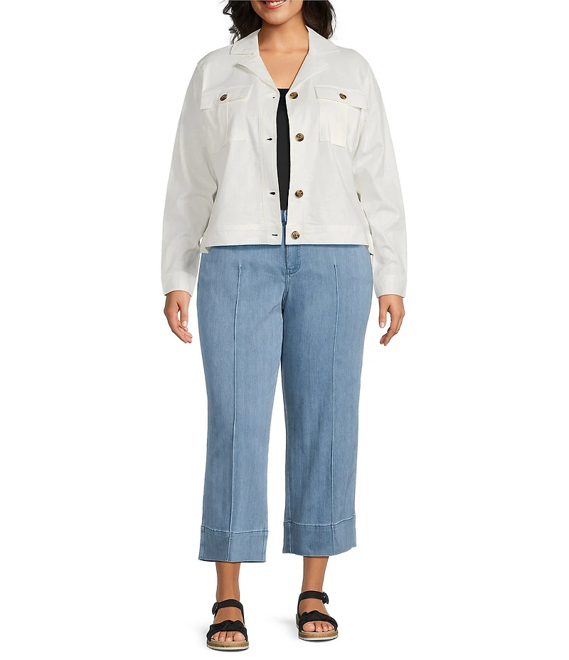 Intro Plus Size Stretch Slub Weave Notch Collar Long Sleeve Easy Fit Button-Front Jacket