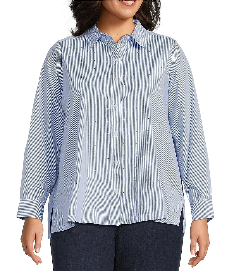 Intro Plus Size Stripe Crystal Embellished Front Long Roll-Tab Sleeve Button Front Shirt