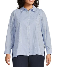 Intro Plus Size Stripe Crystal Embellished Front Long Roll-Tab Sleeve Button Front Shirt