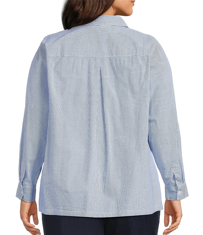 Intro Plus Size Stripe Crystal Embellished Front Long Roll-Tab Sleeve Button Front Shirt
