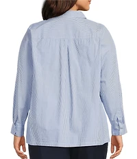 Intro Plus Size Stripe Crystal Embellished Front Long Roll-Tab Sleeve Button Front Shirt