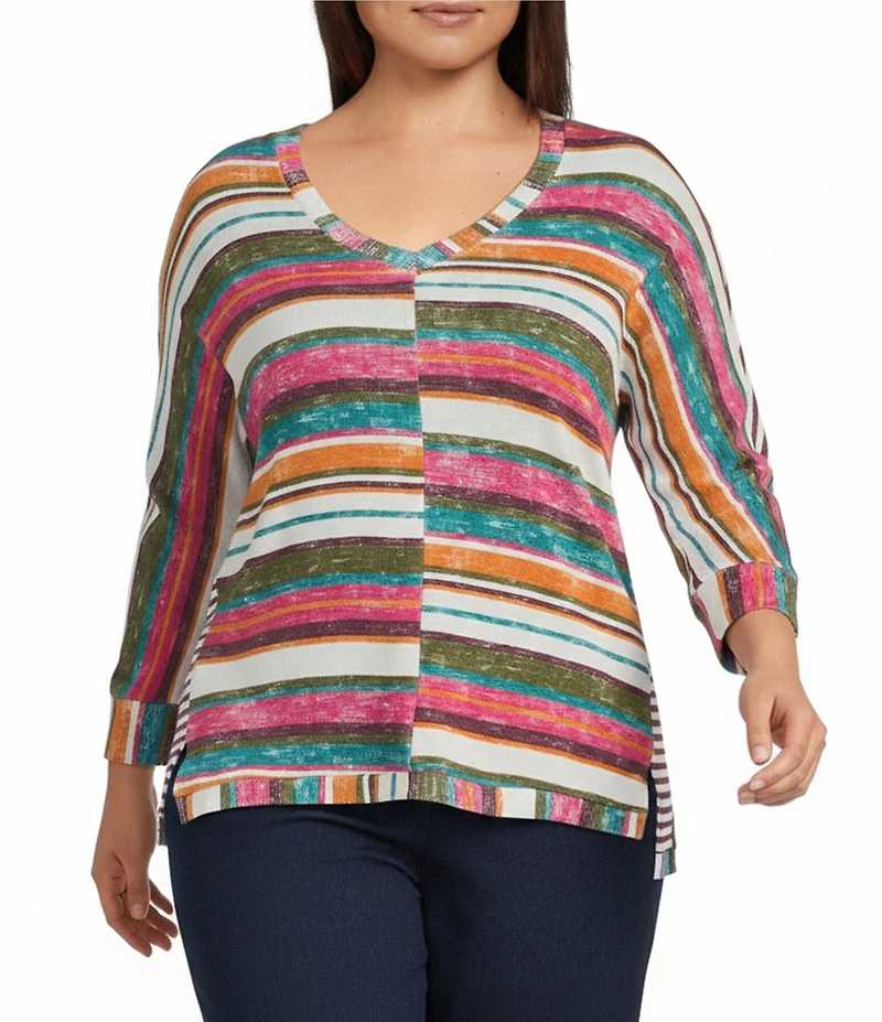 Intro Plus Size Stripe V-Neck 3/4 Sleeve Washed Knit Sweater