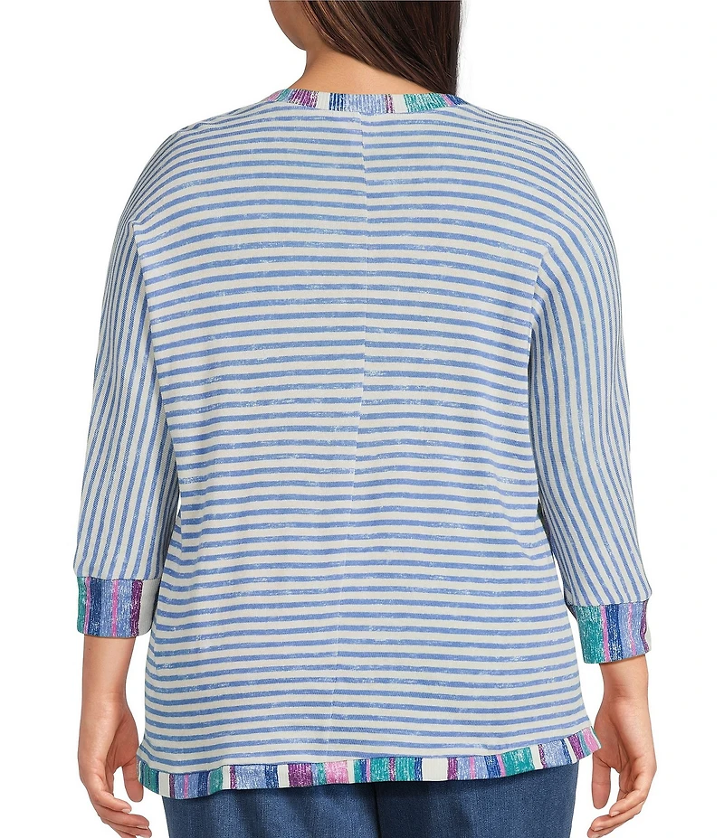 Intro Plus Size Stripe V-Neck 3/4 Sleeve Washed Knit Sweater