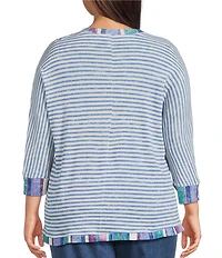 Intro Plus Size Stripe V-Neck 3/4 Sleeve Washed Knit Sweater