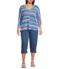 Intro Plus Size Stripe V-Neck 3/4 Sleeve Washed Knit Sweater