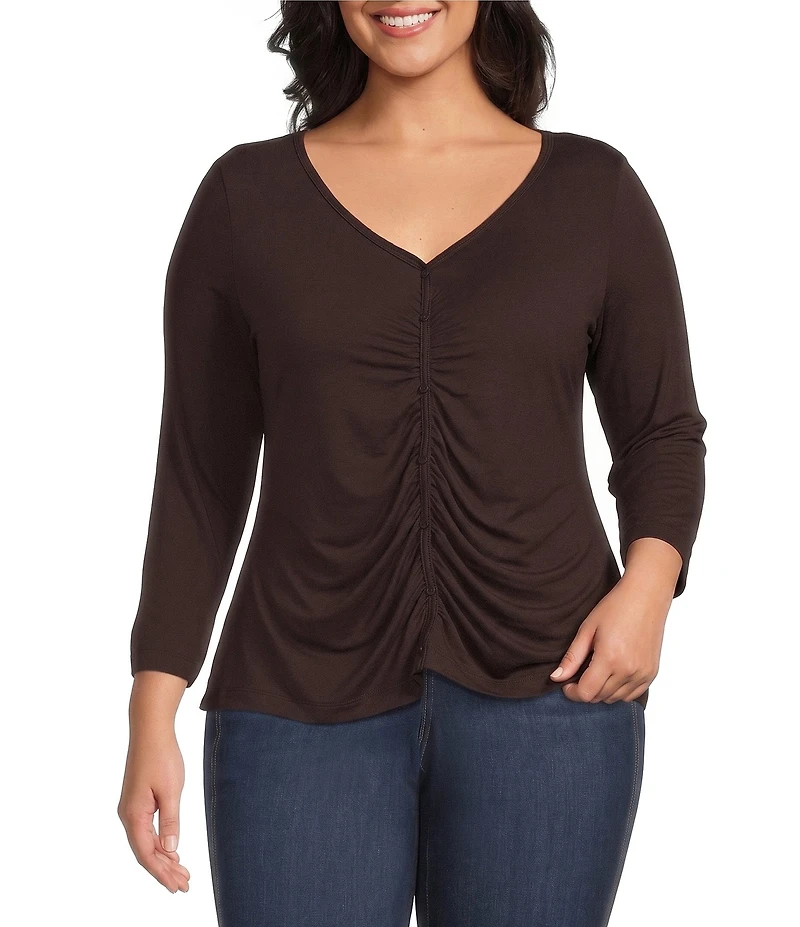 Intro Plus Size V-Neck 3/4 Sleeve Shirred Front Faux Placket Tee